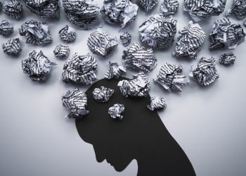 Silhouette of depressed and stressed person head.