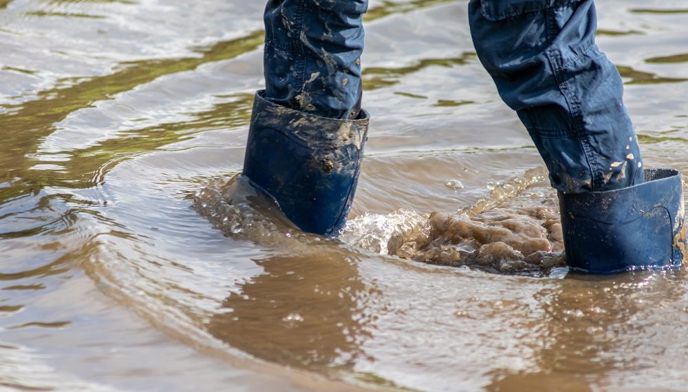 Young boy with short blue trowsers wading with wet socks and wet boots through high tide after a floodwater has broken the dike and overflown the lands behind