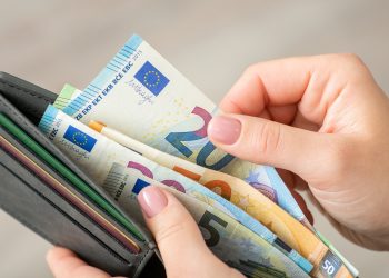 Close up of female hands holding grey wallet with 20 and 50 euro banknotes