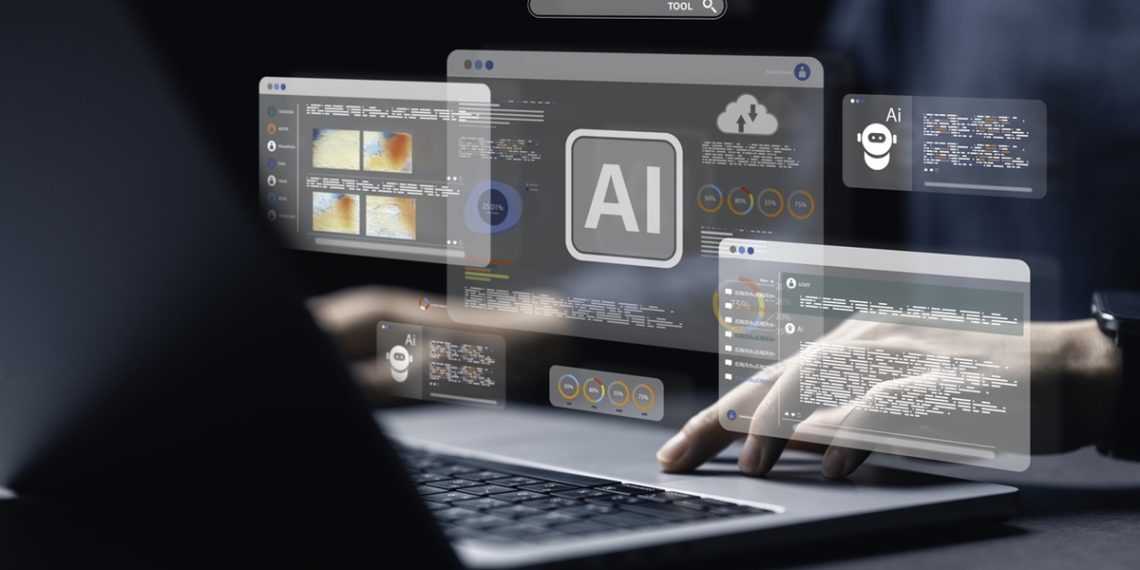 businessman using the website or software technology AI to help and support work for chatbot, chat ai, generate image, write code, and data analysis using technology smart robot AI