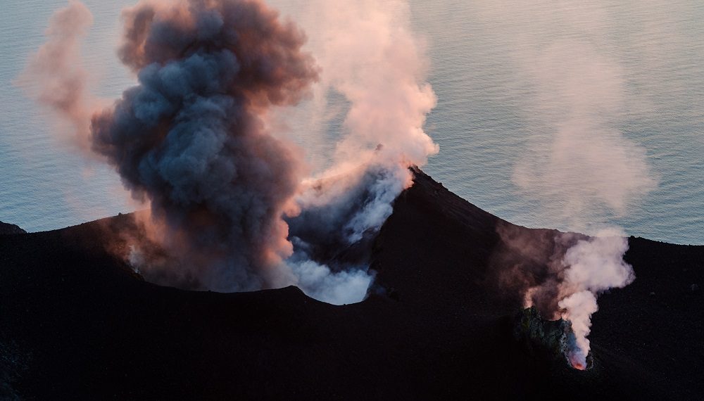 Smoking erupting volcano on Stromboli island, Sicily