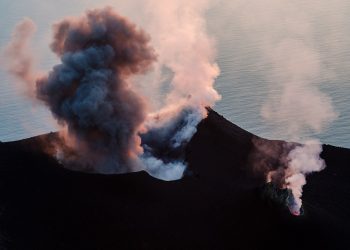 Smoking erupting volcano on Stromboli island, Sicily