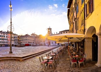 Piazza San Giacomo in Udine sunset panoramic view, town in Friuli Venezia Giulia region of Italy