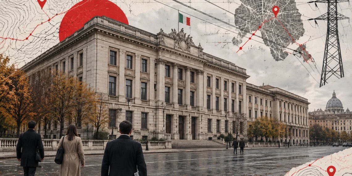 Palazzo ministeriale a Roma sotto un cielo grigio, cavi elettrici e persone di spalle sul marciapiede