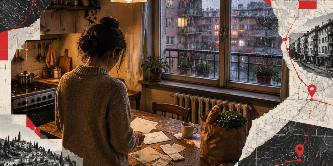 Una persona di spalle in una cucina italiana con bollette, buste della spesa, radiatore e finestra piovosa