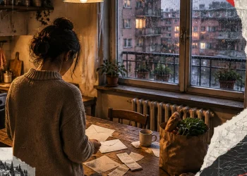 Una persona di spalle in una cucina italiana con bollette, buste della spesa, radiatore e finestra piovosa