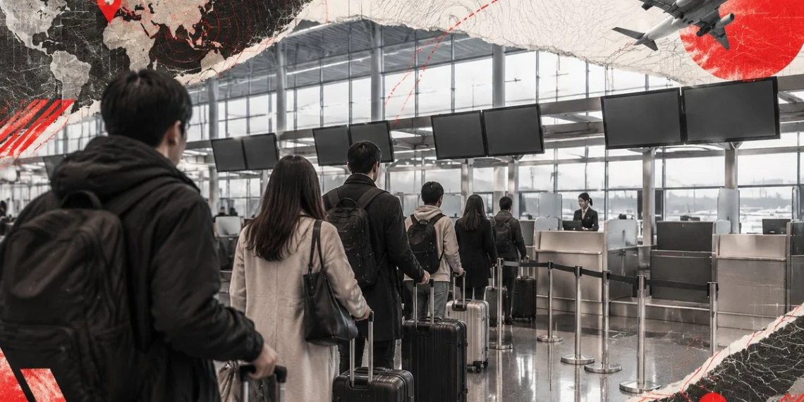 Terminal aeroportuale: viaggiatori di spalle con valigie in coda ai banchi bag drop, banconi e luce diurna.