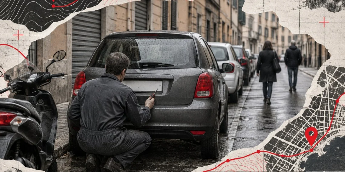 Strada italiana con auto e scooter in sosta; un meccanico di spalle monta una targa rettangolare bianca sul retro di un'auto.