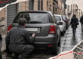 Strada italiana con auto e scooter in sosta; un meccanico di spalle monta una targa rettangolare bianca sul retro di un'auto.